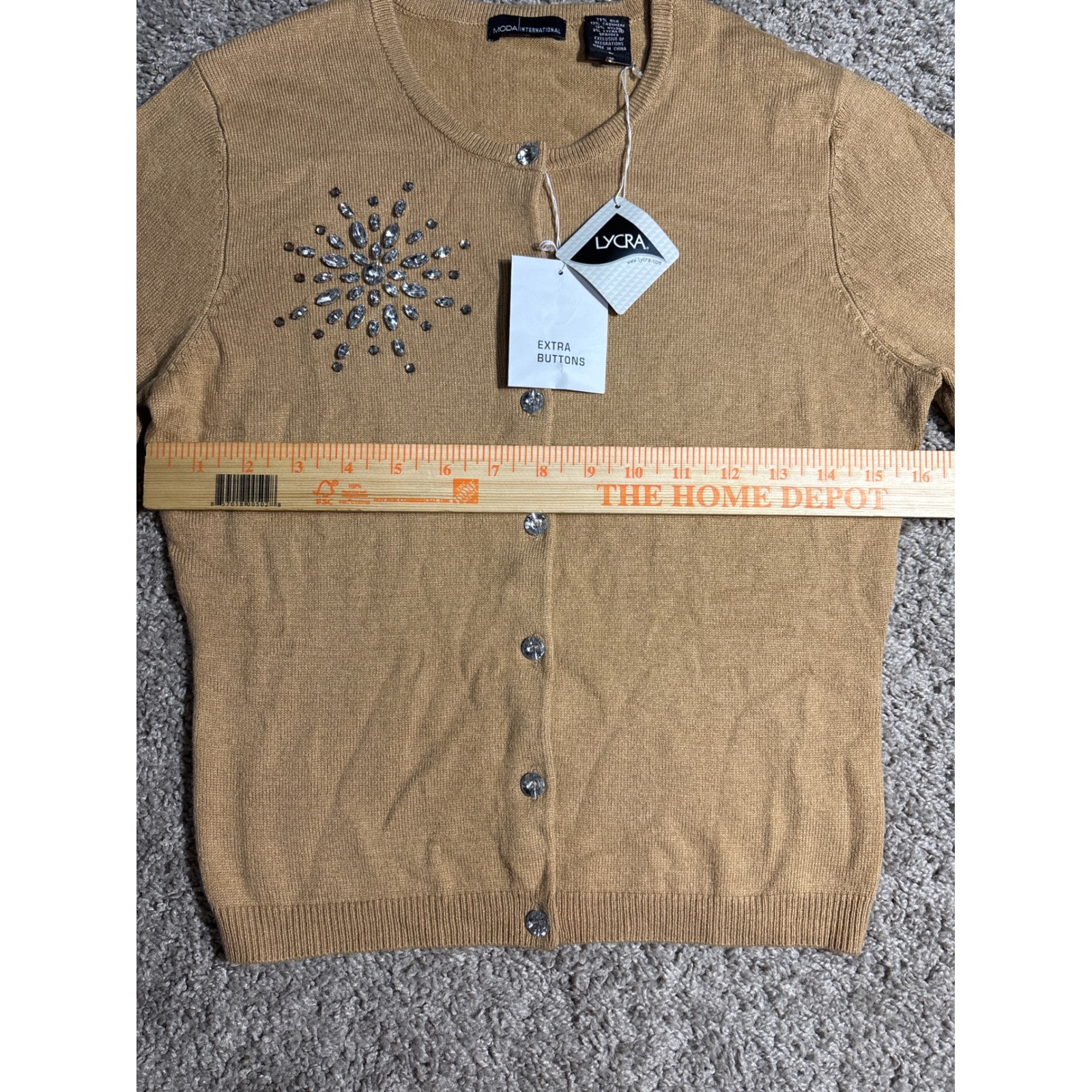 Moda International Silk Cashmere Rhinestone Cardigan Tan Camel Small Nwt — image 4 of 7